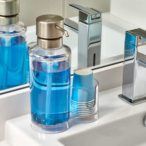 iDesign side cup holder filled with disposable cups for quick hygienic rinses