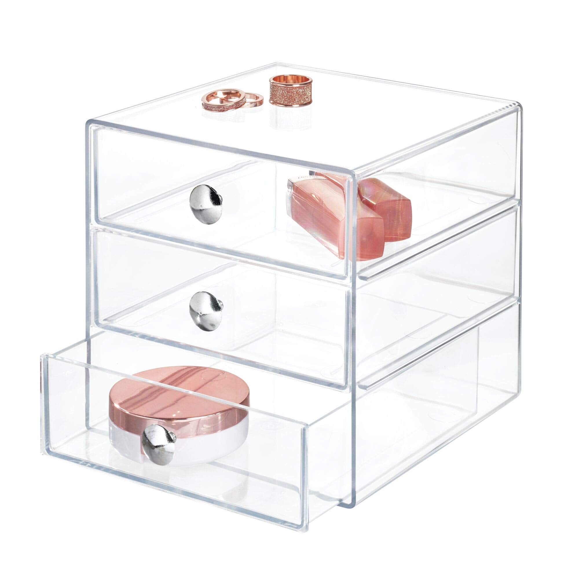 iDesign front view of clear 3-drawer organizer showing neat storage benefit