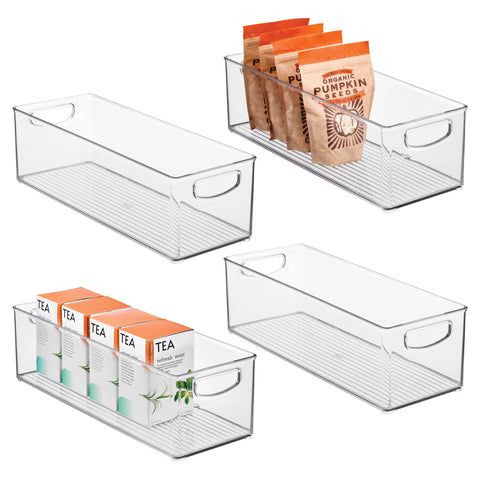 iDesign clear front view of four stacked bins showing neat pantry organization