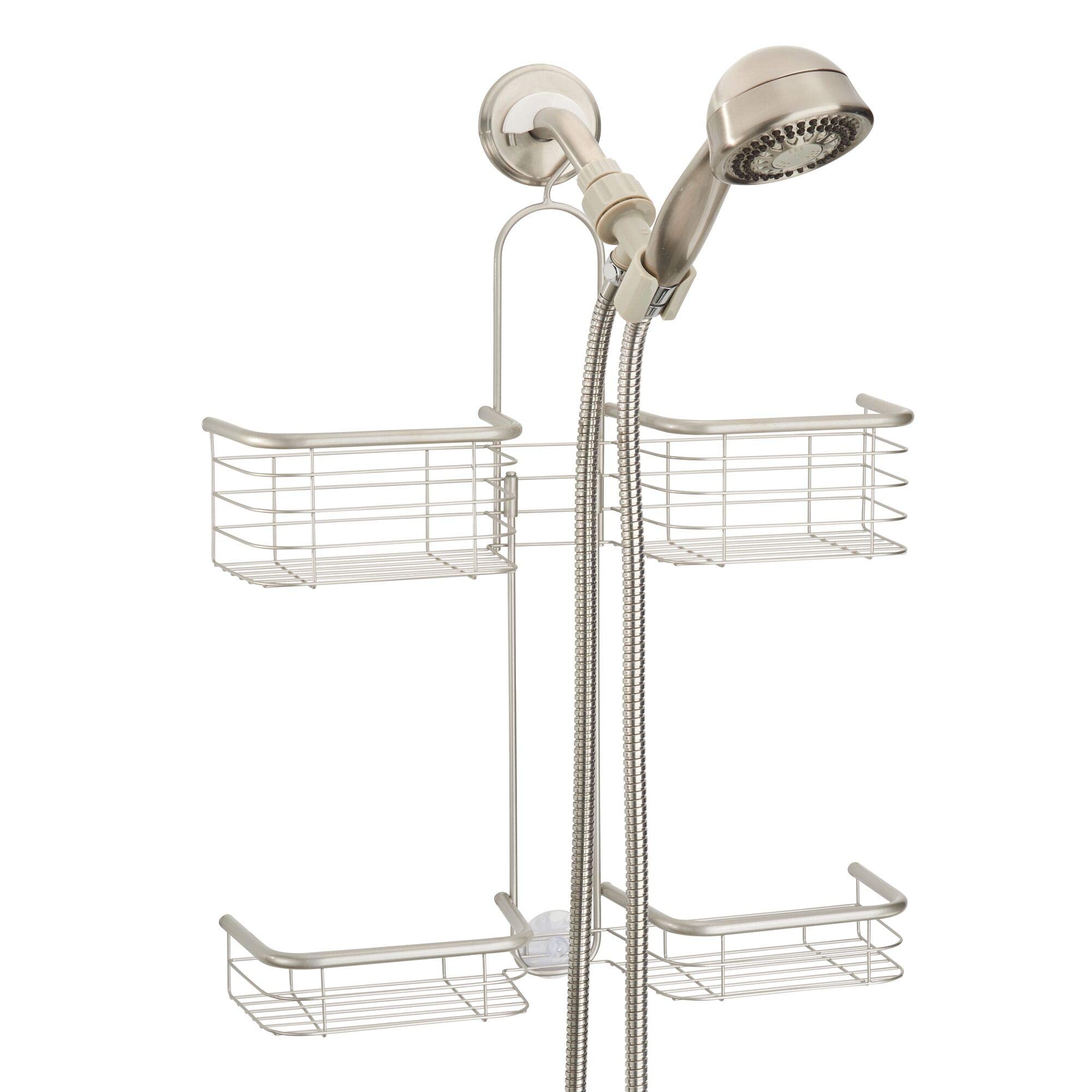 iDesign caddy beside shampoo bottle showing size and scale for compact shower spaces