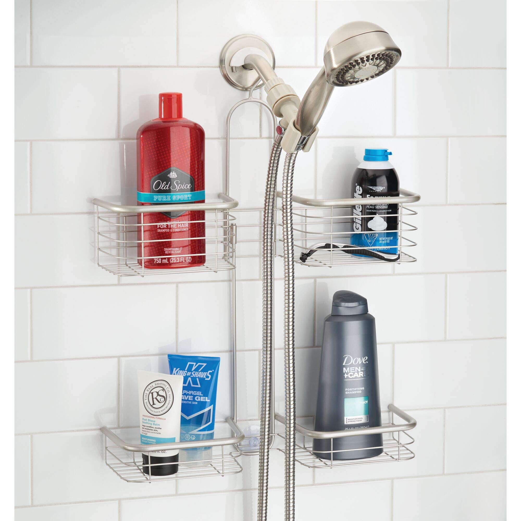 iDesign caddy installed with handheld shower hose demonstrating hose clearance and convenience