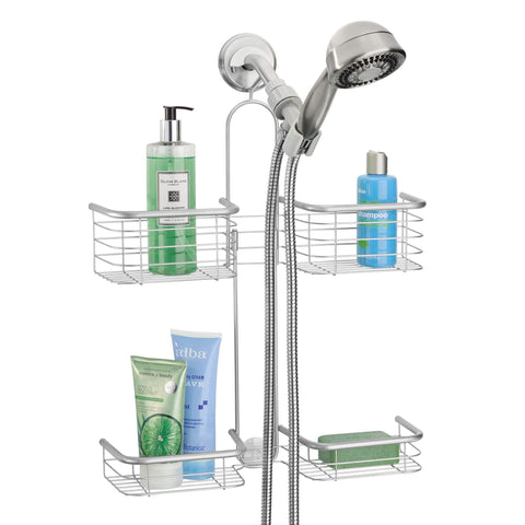 iDesign hanging shower caddy front view showing four shelves and chrome finish for organized storage