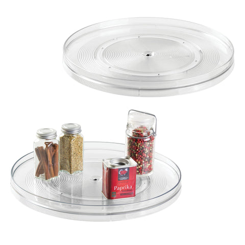 iDesign clear lazy susan 2-pack front view showing both turntables and packaging benefit easy organization