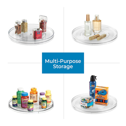 iDesign lazy susan on dining table holding sauces showing sharing convenience benefit