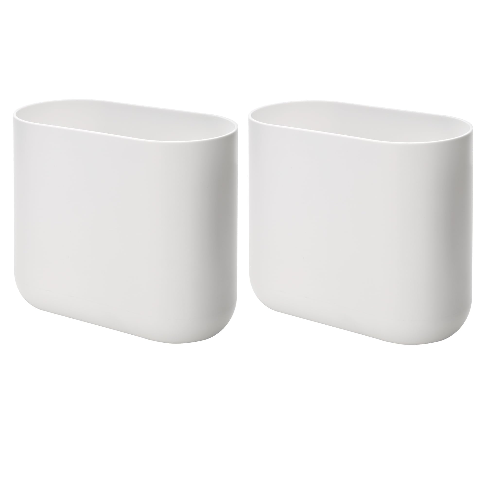 iDesign front view showing slim white oval trash can for space-saving
