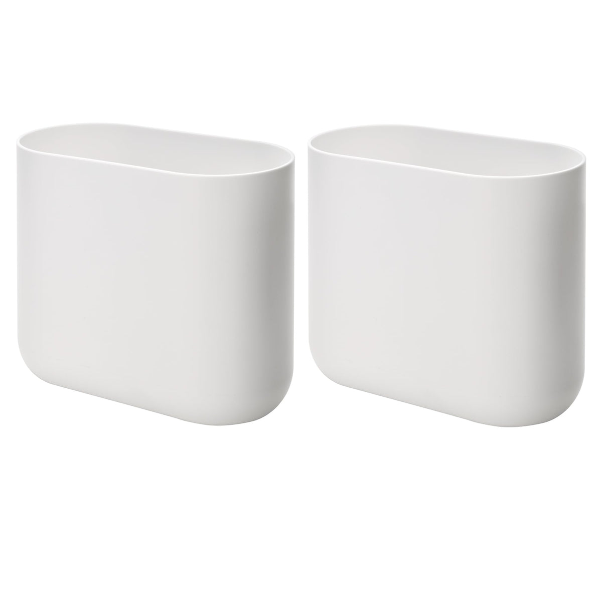iDesign front view showing slim white oval trash can for space-saving