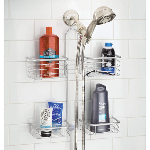 iDesign shower caddy in use with shampoo and soap bottles demonstrating accessibility and hose clearance