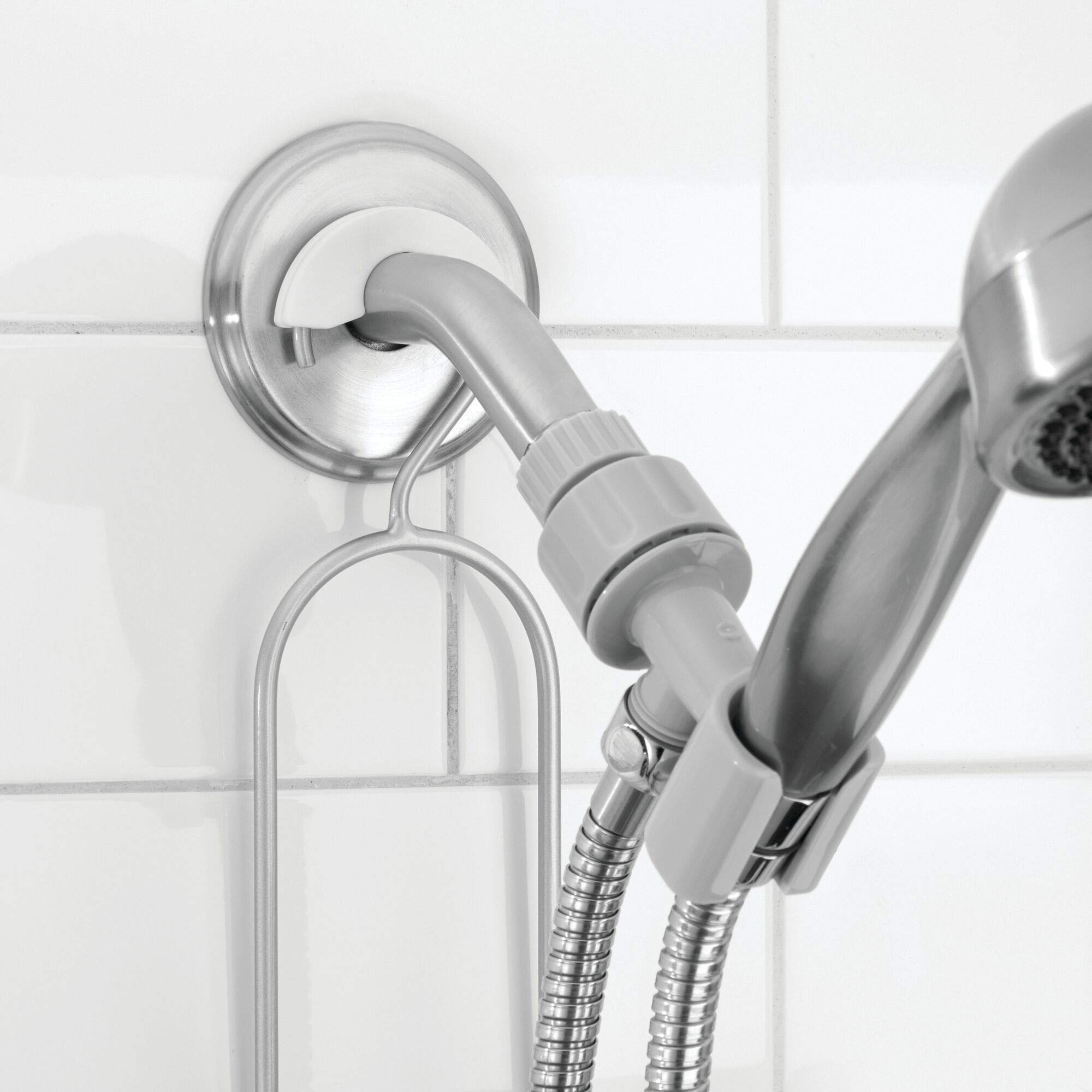 iDesign hanging caddy size comparison inside shower showing vertical space saved and product capacity