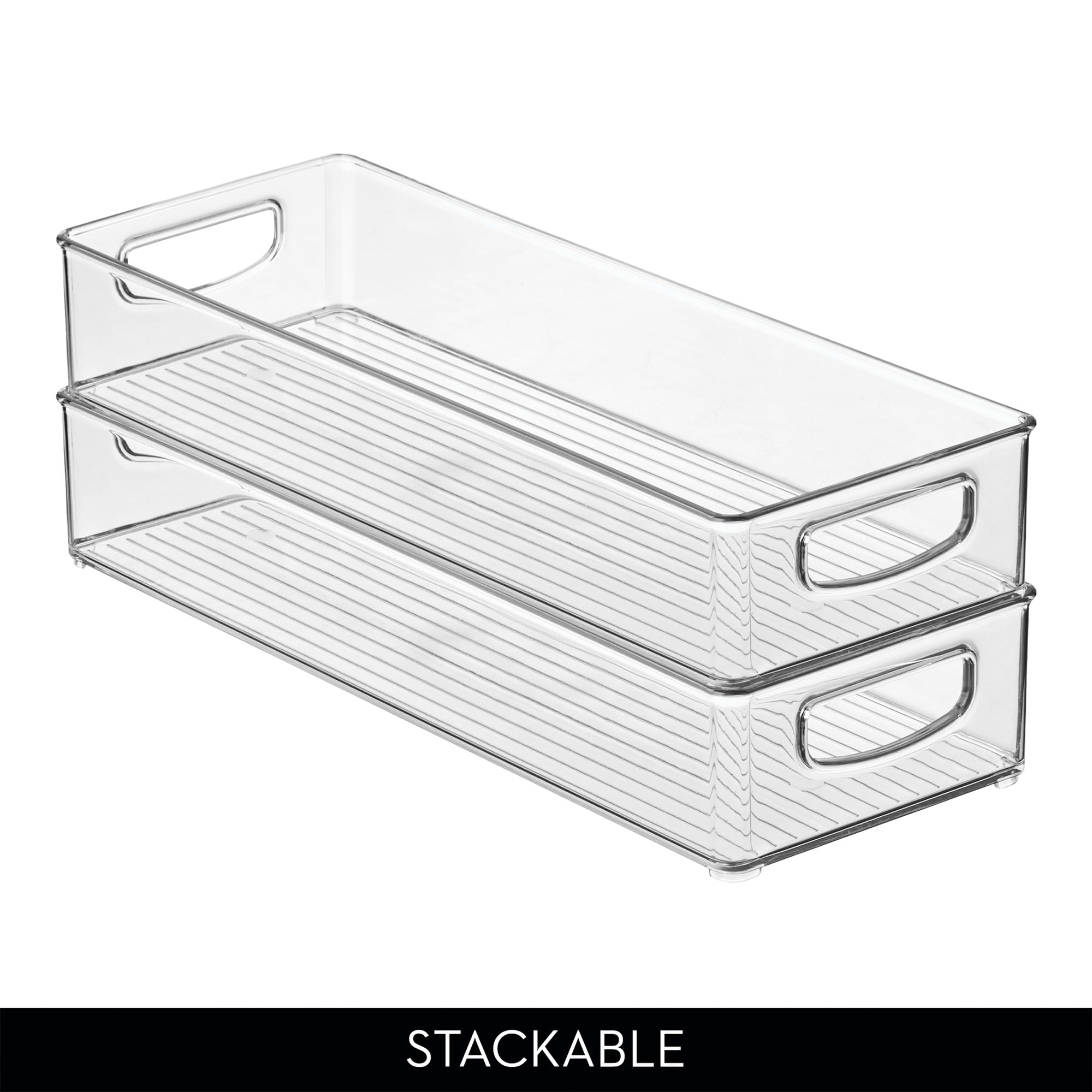 iDesign slim bins stacked on shelf to maximize vertical storage space