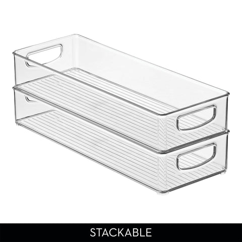 iDesign slim bins stacked on shelf to maximize vertical storage space