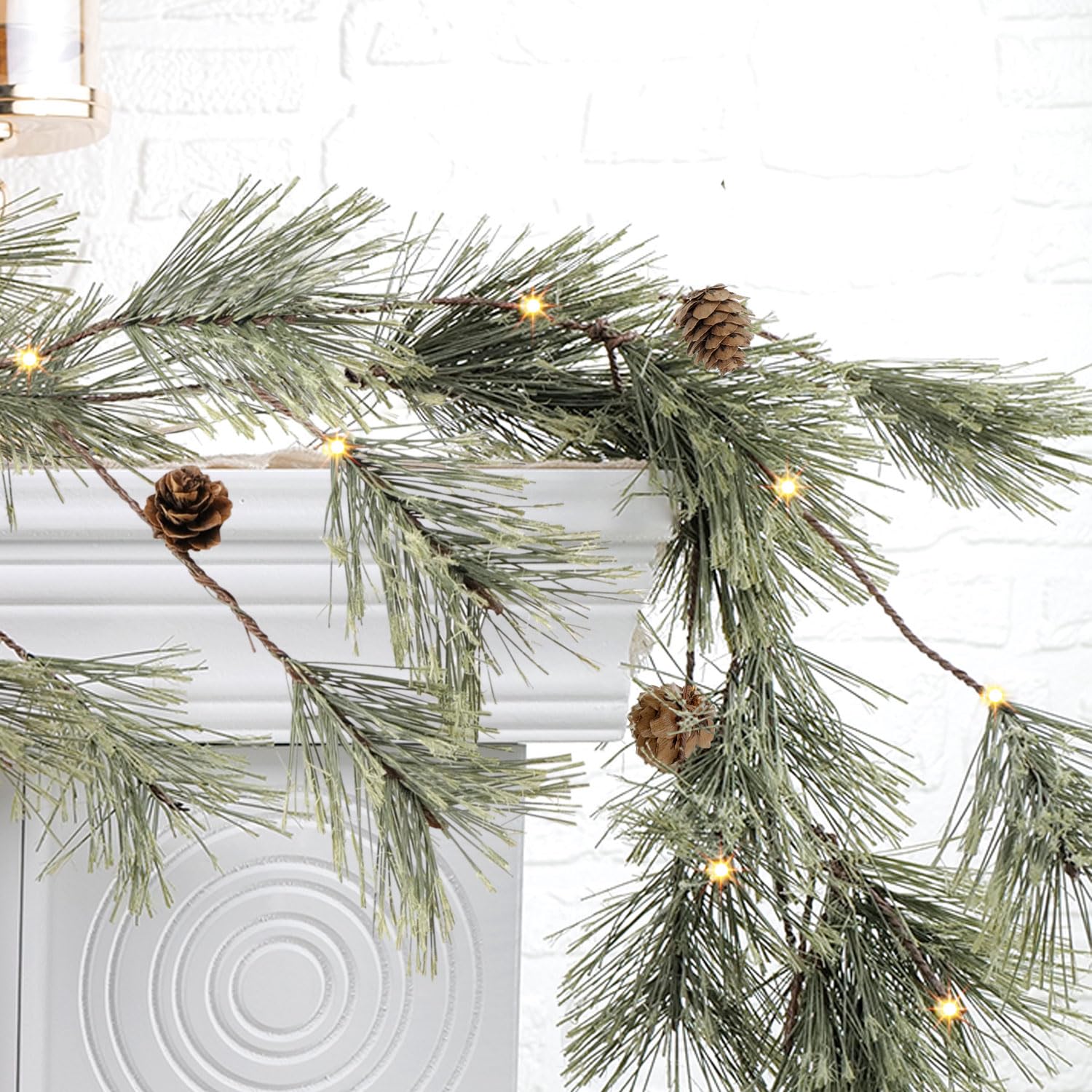 IDOGliitte+ front view of 6.4ft smokey pine garland showing rustic look and fullness