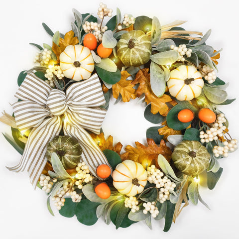 IDOGliitte+ front view of wreath showing pumpkins and foliage for warm curb appeal