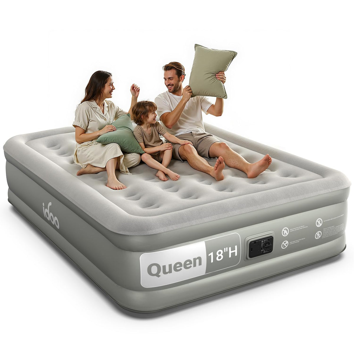 iDOO queen air mattress front view showing built-in pump and elevated comfort