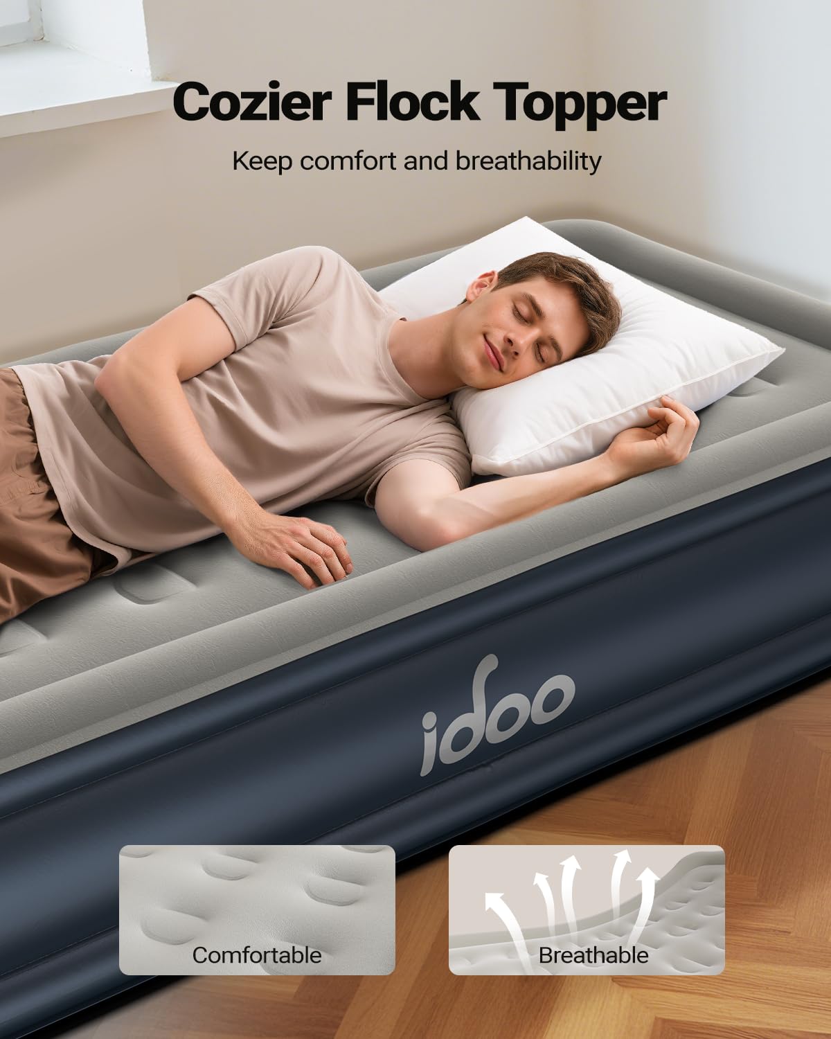 iDOO mattress in bedroom setting showing elevated, bed-like sleep benefit