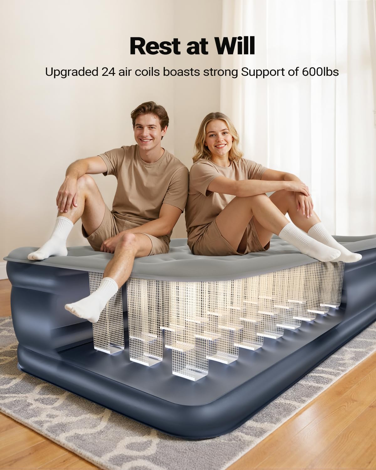 iDOO next to adult for size comparison showing extra-long Twin XL support