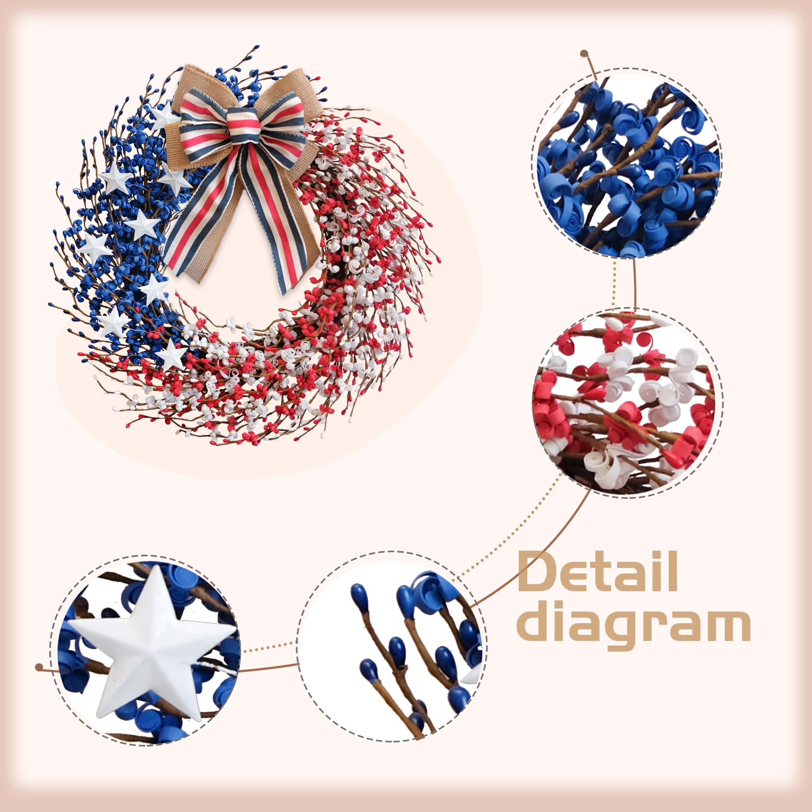 idyllic close-up of red white blue flowers and metallic stars highlighting realistic texture
