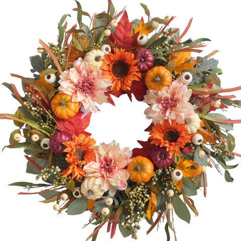 idyllic front door wreath creating warm curb appeal