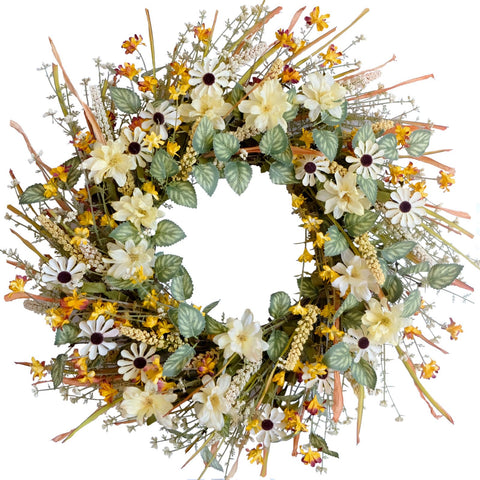 idyllic front door wreath hung on door showcasing inviting farmhouse curb appeal