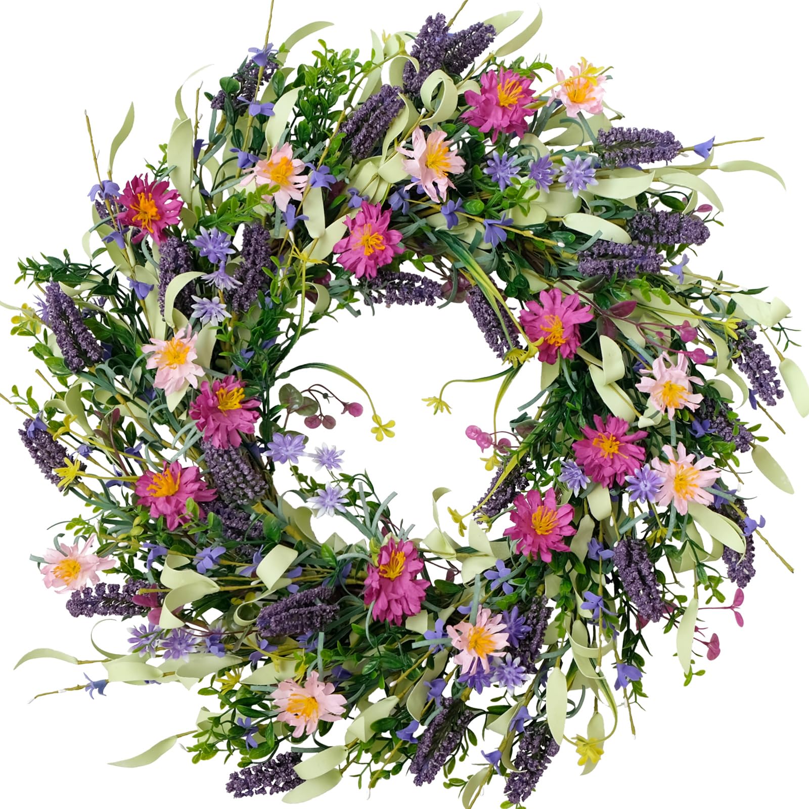 idyllic wreath front view showing full colorful flowers and welcoming look