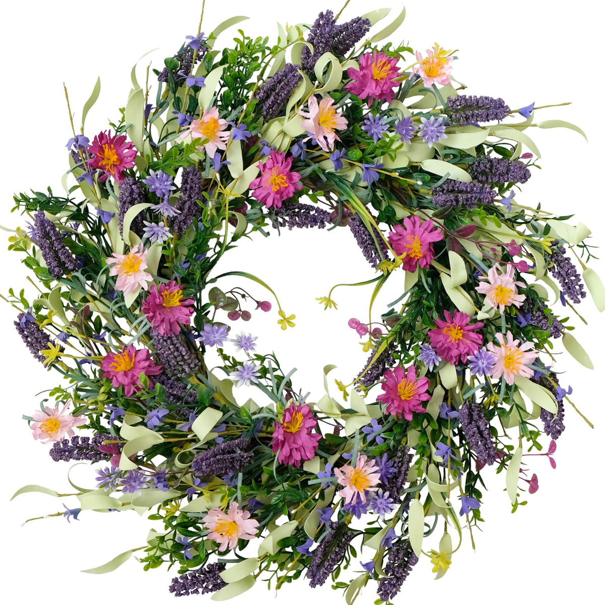 idyllic wreath front view showing full colorful flowers and welcoming look