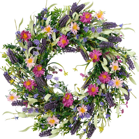 idyllic wreath front view showing full colorful flowers and welcoming look