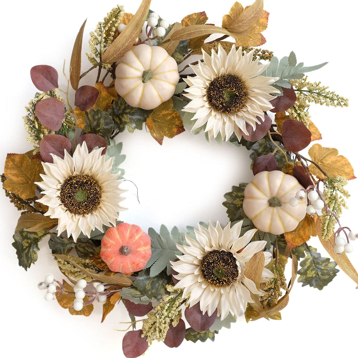 idyllic front view of 20-inch fall wreath showing welcoming porch appeal