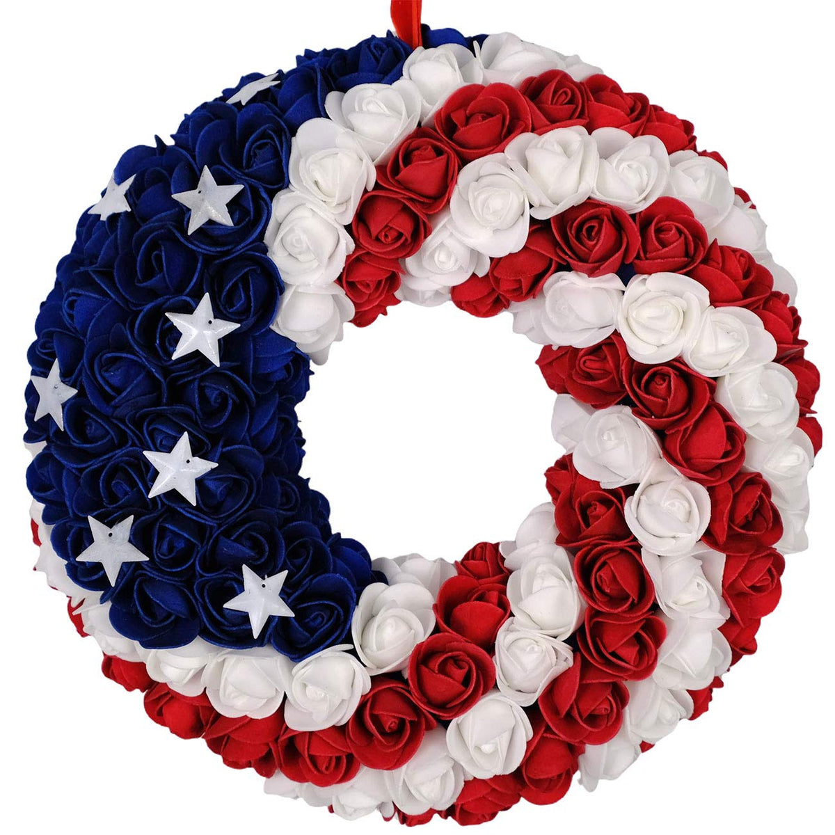 idyllic front view of wreath showing bold red white blue and curb appeal