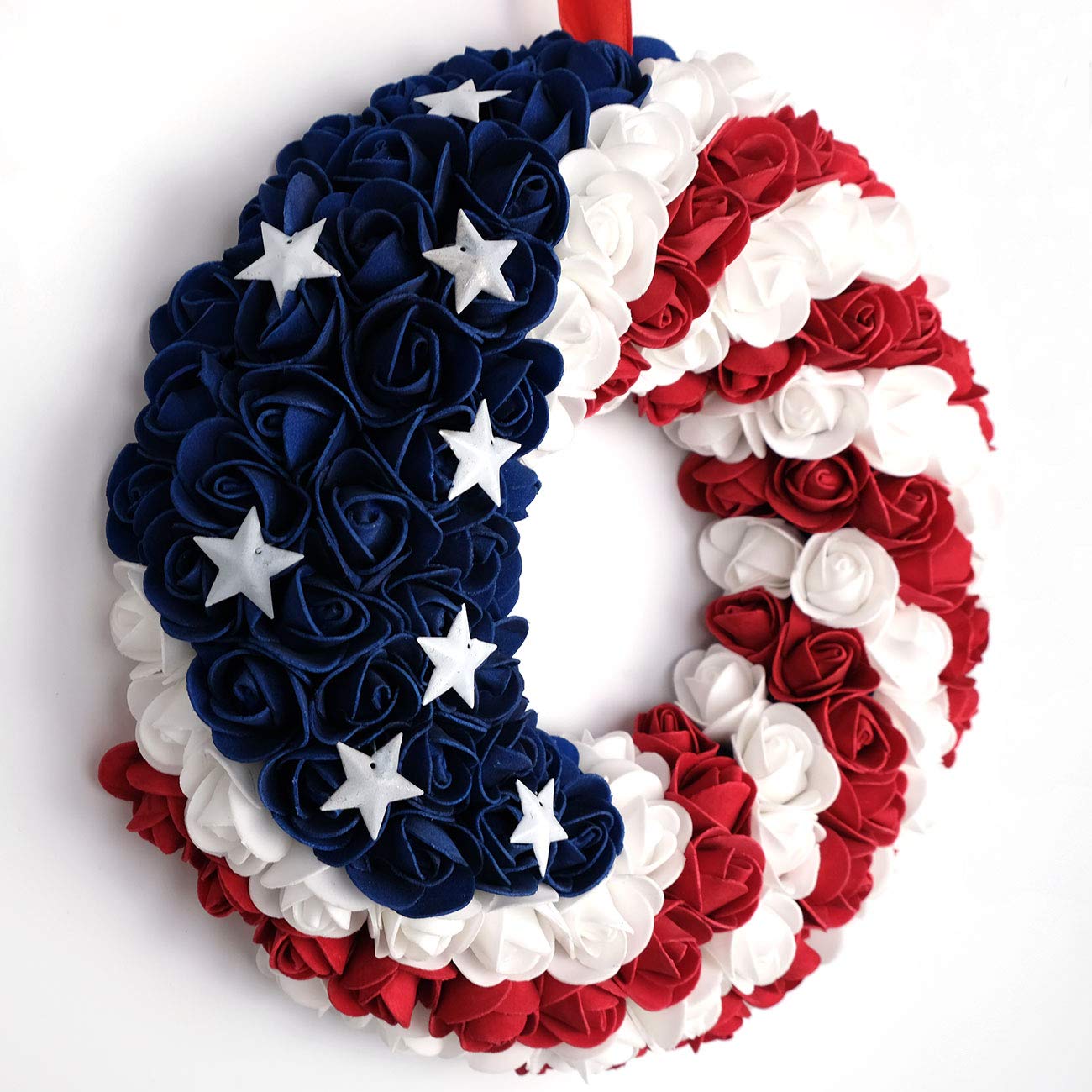 idyllic wreath hanging on front door enhancing patriotic entrance