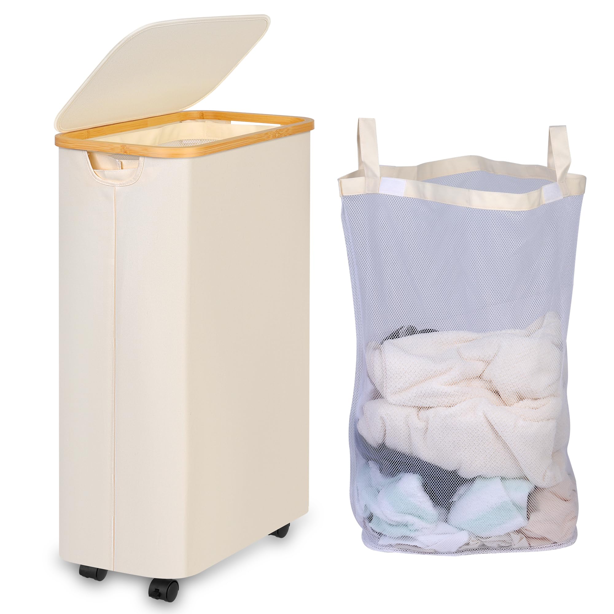 iEGrow slim hamper front view showing narrow profile and lid benefit: space-saving storage