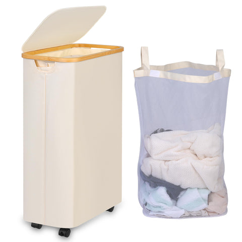 iEGrow slim hamper front view showing narrow profile and lid benefit: space-saving storage