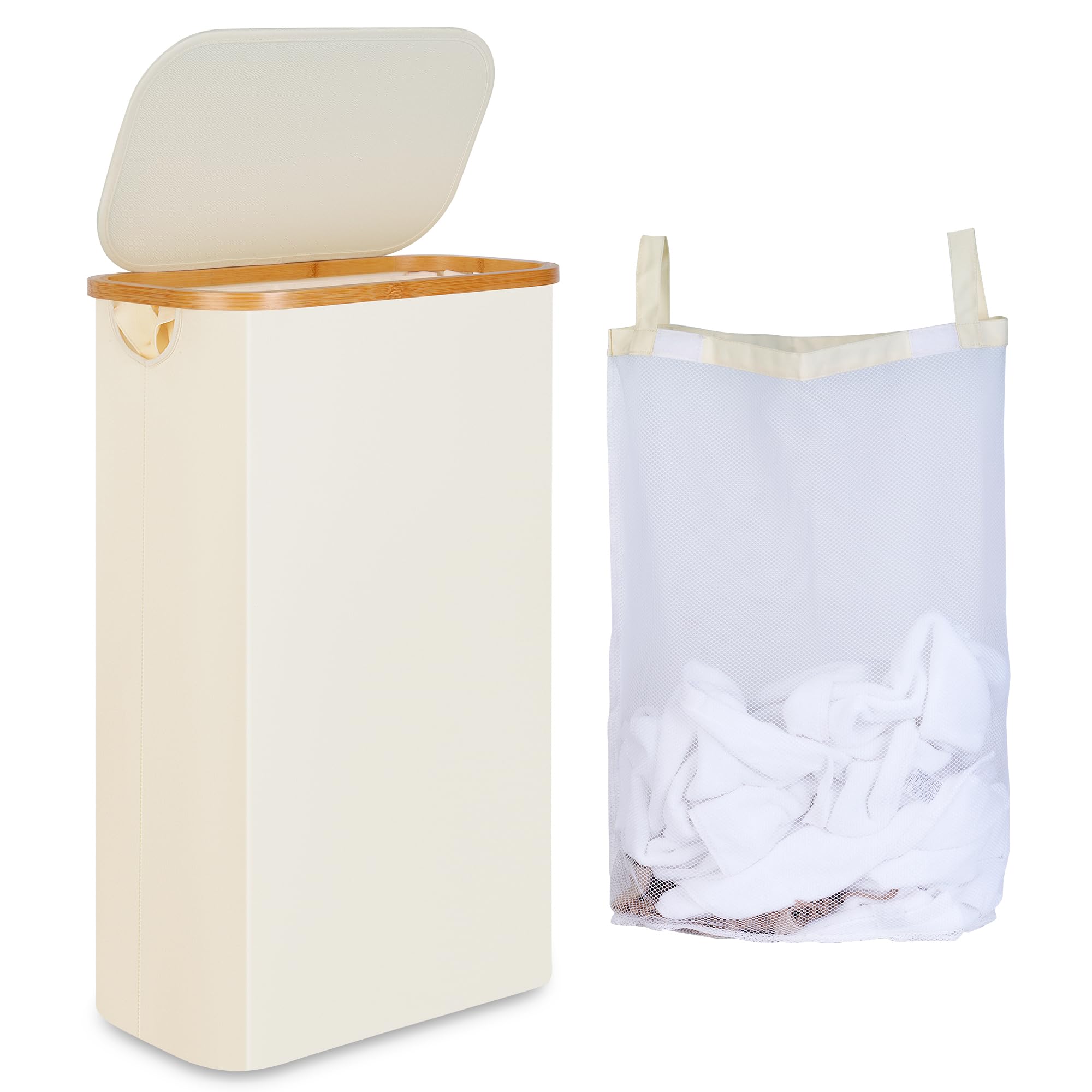 iEGrow slim laundry hamper front view showing narrow profile and beige fabric for space-saving storage