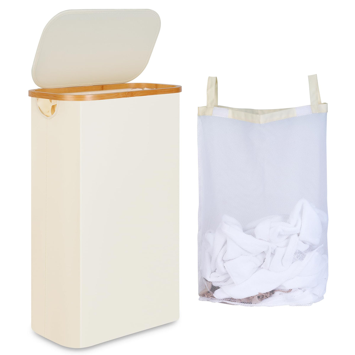 iEGrow slim laundry hamper front view showing narrow profile and beige fabric for space-saving storage