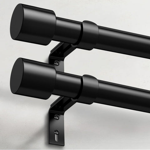 IFELS front view of two black curtain rods showing complete packaged set and benefits