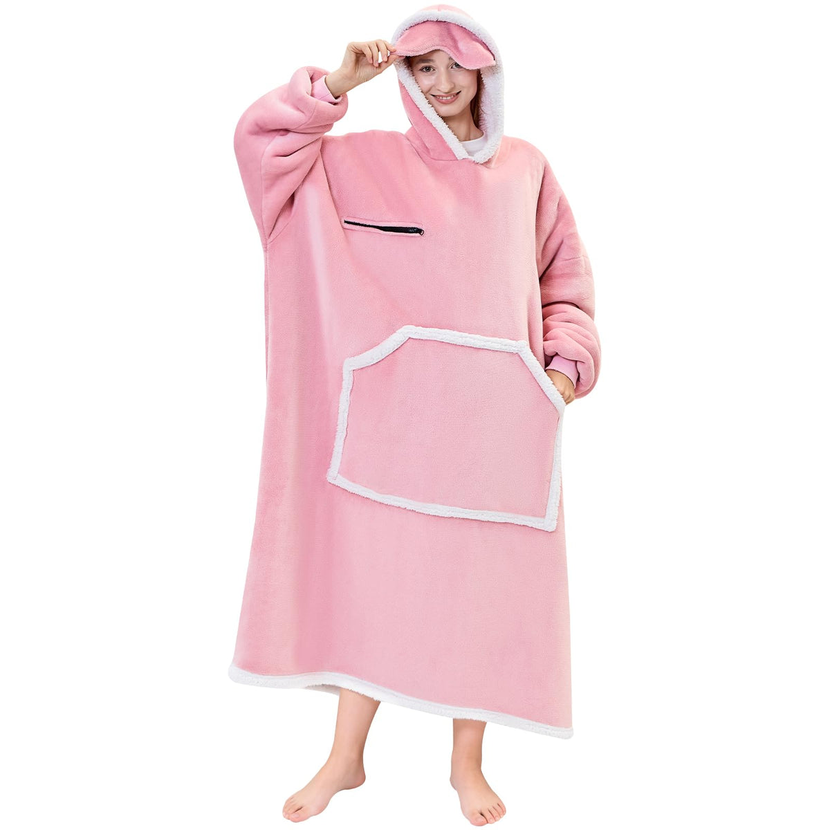 IFNOW front view of pink wearable blanket hoodie showing roomy fit and cozy look