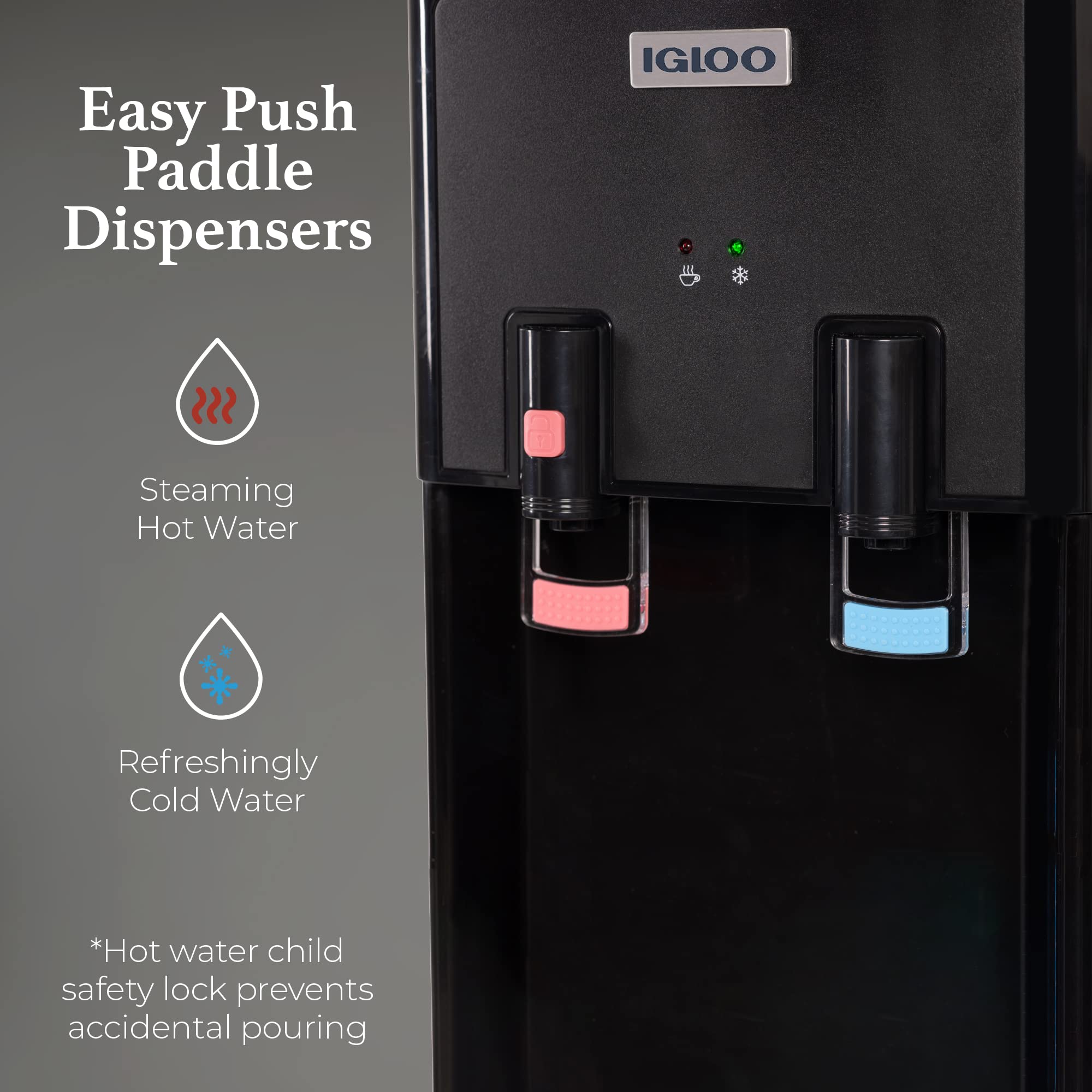 Igloo hot and cold spigots closeup with clear separate dispensing