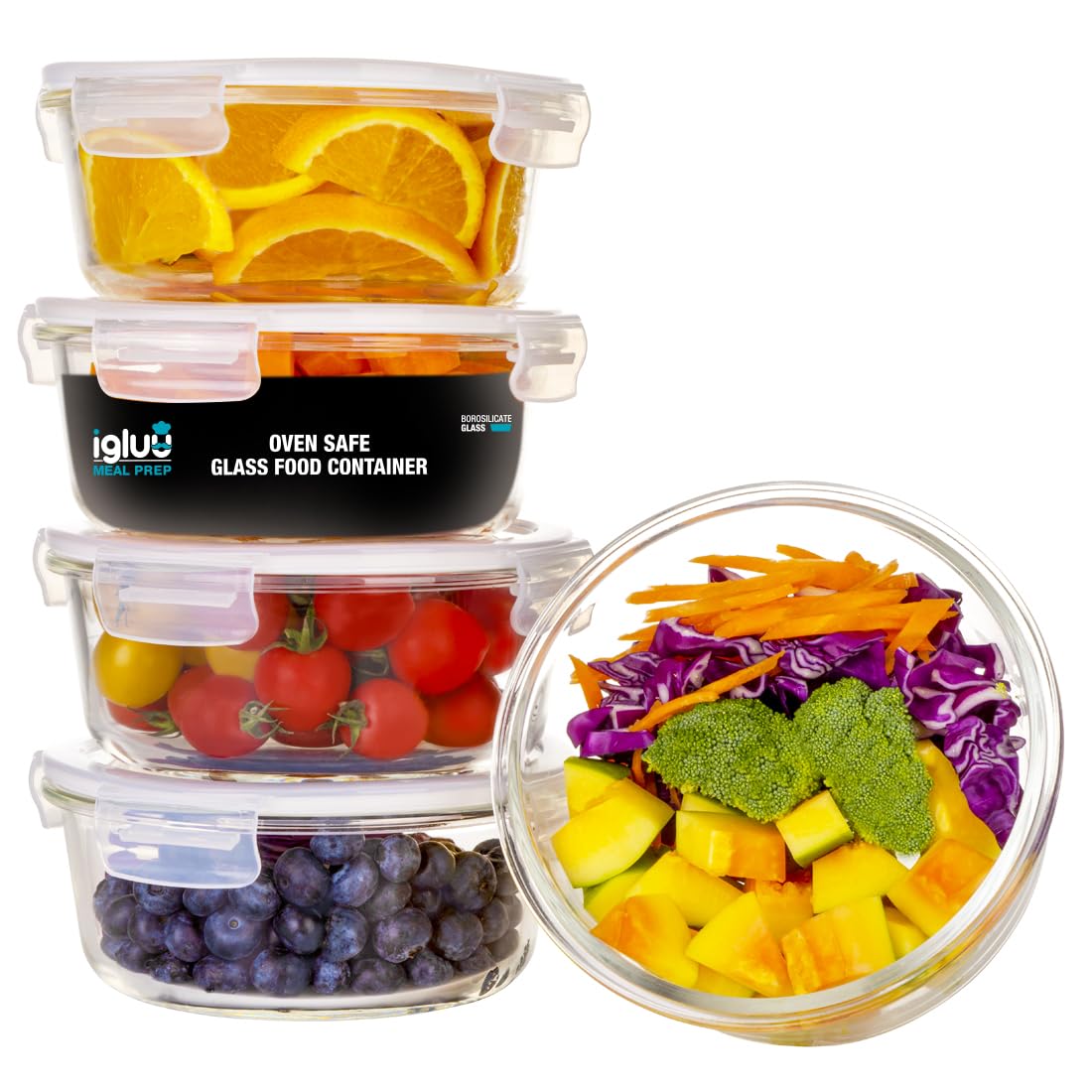 Igluu Meal Prep front view of five 32oz glass containers, organised storage benefit