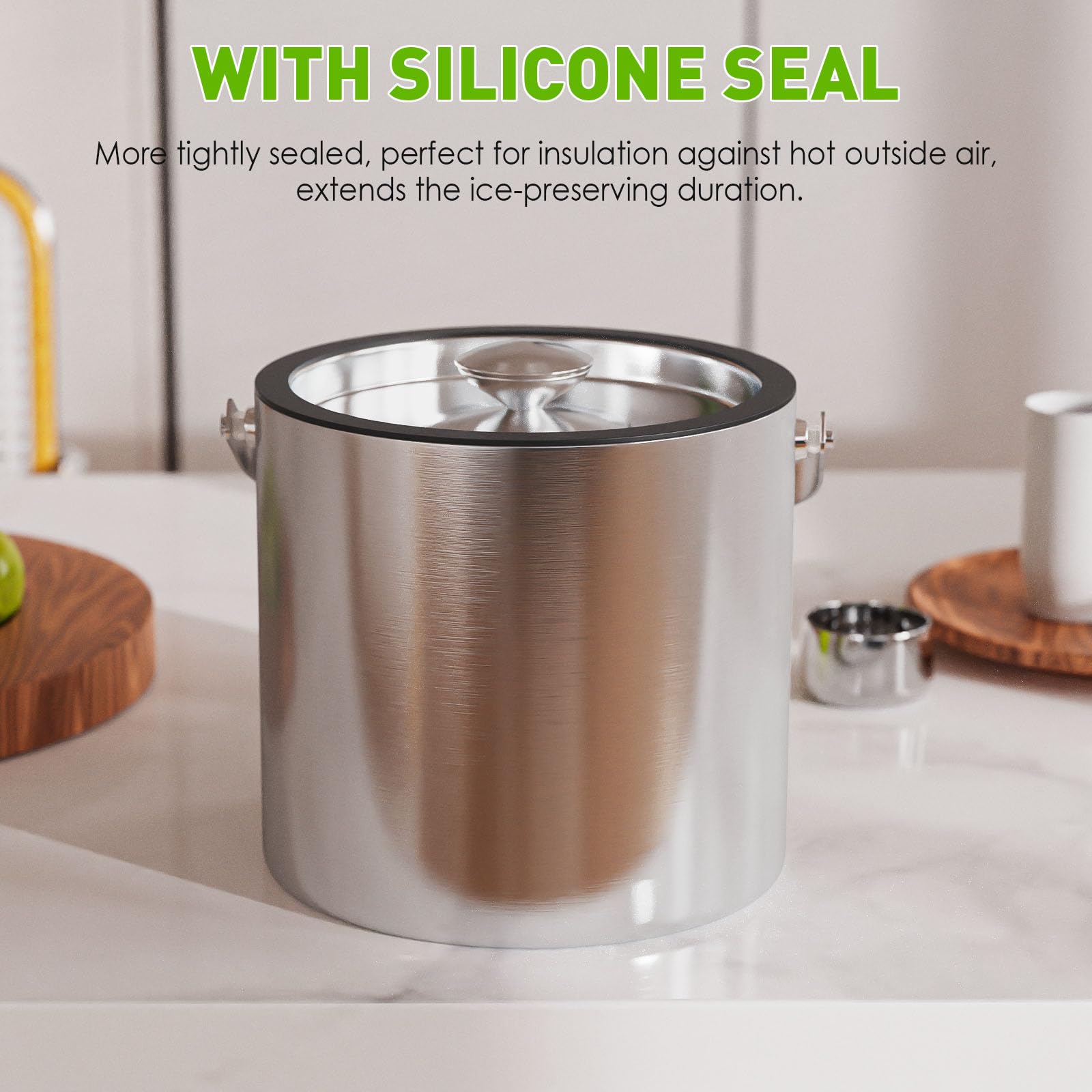 iHoo ice bucket brushed finish texture highlighting easy-clean stainless steel surface benefit