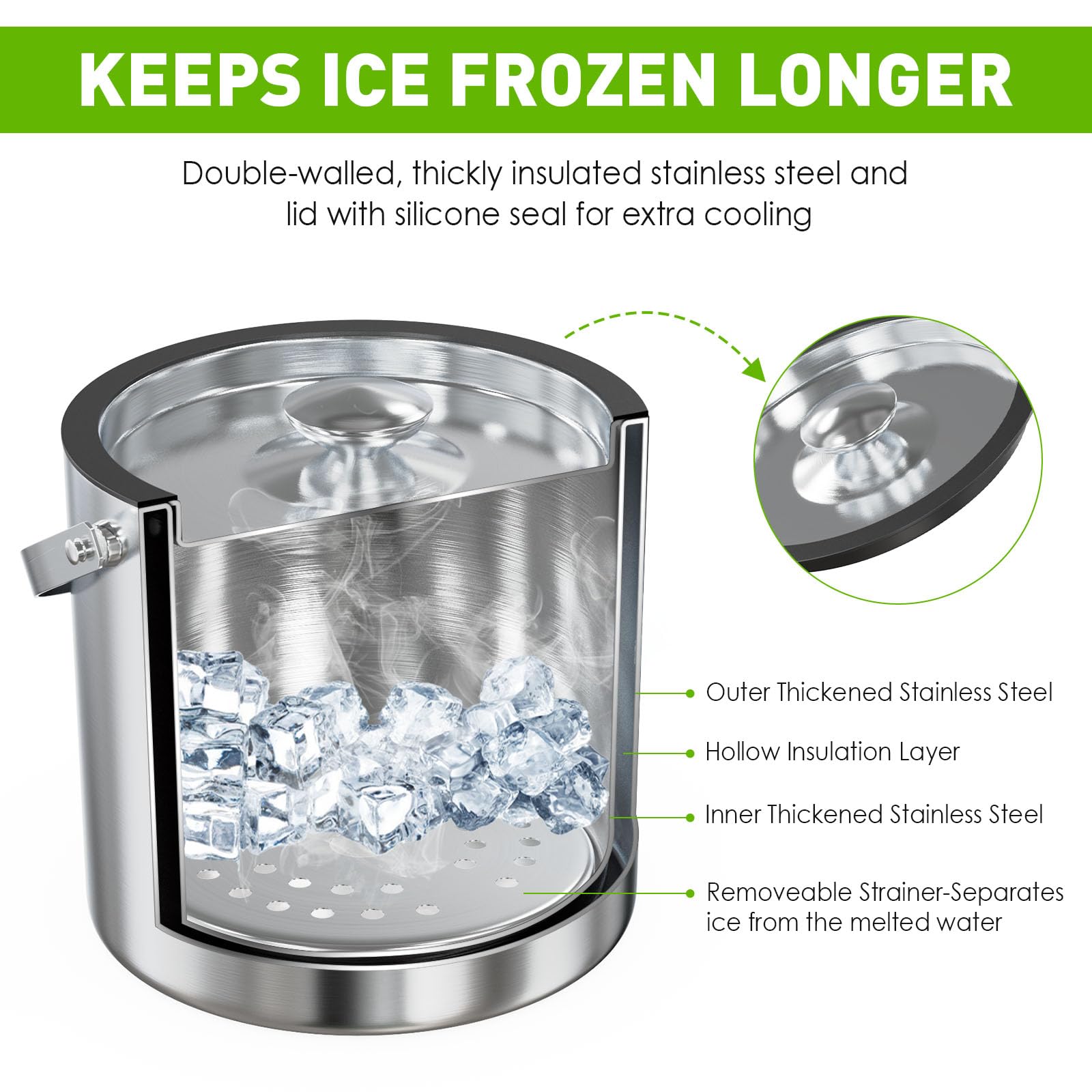 iHoo ice bucket strainer detail lifting ice above water for longer-lasting cubes benefit