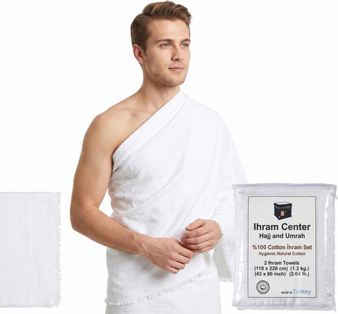 IHRAM CENTER front packaging showing cotton two-piece ihram for easy selection