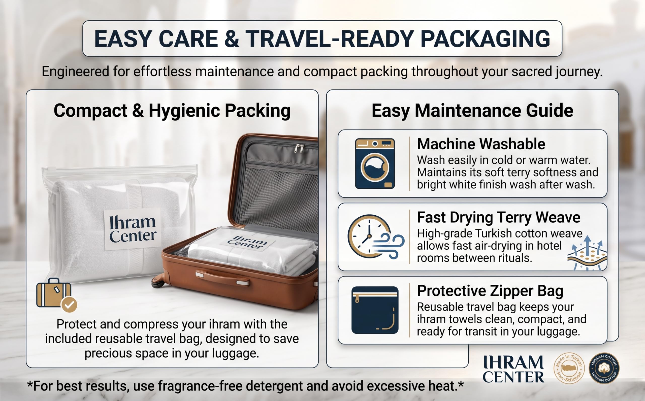 IHRAM CENTER packed in travel bag ready for pilgrimage convenience
