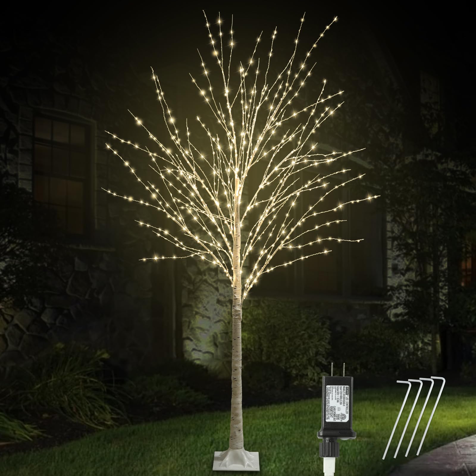 IJG birch tree front view showing warm white LEDs and inviting glow