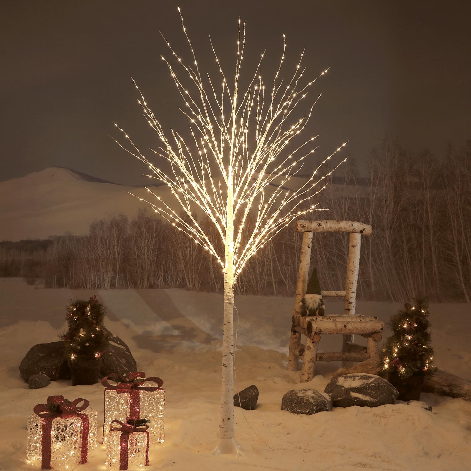 IJG birch tree on patio with stakes showing weather-ready use