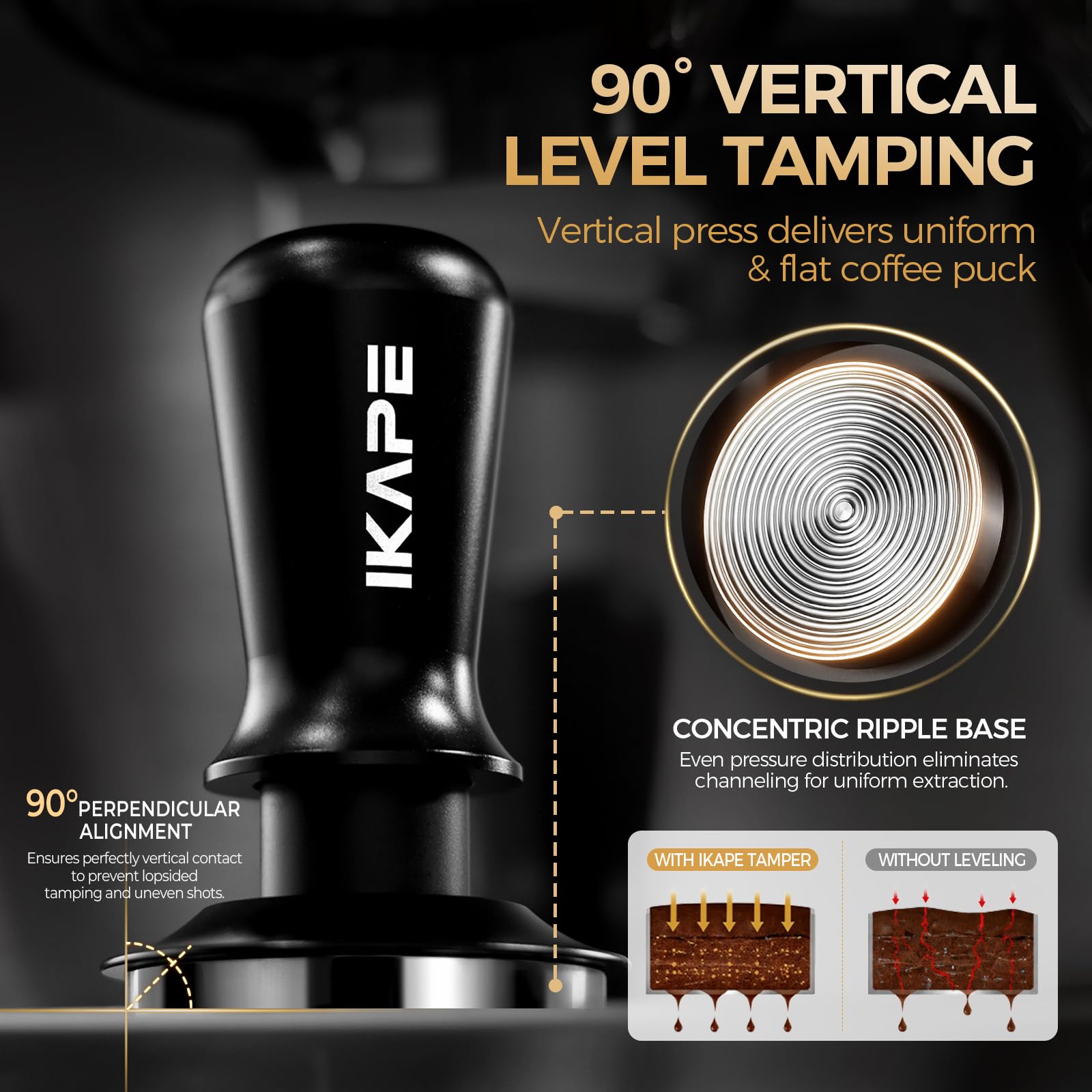IKAPE tamper in use on a portafilter illustrating precise tamping and improved shot consistency