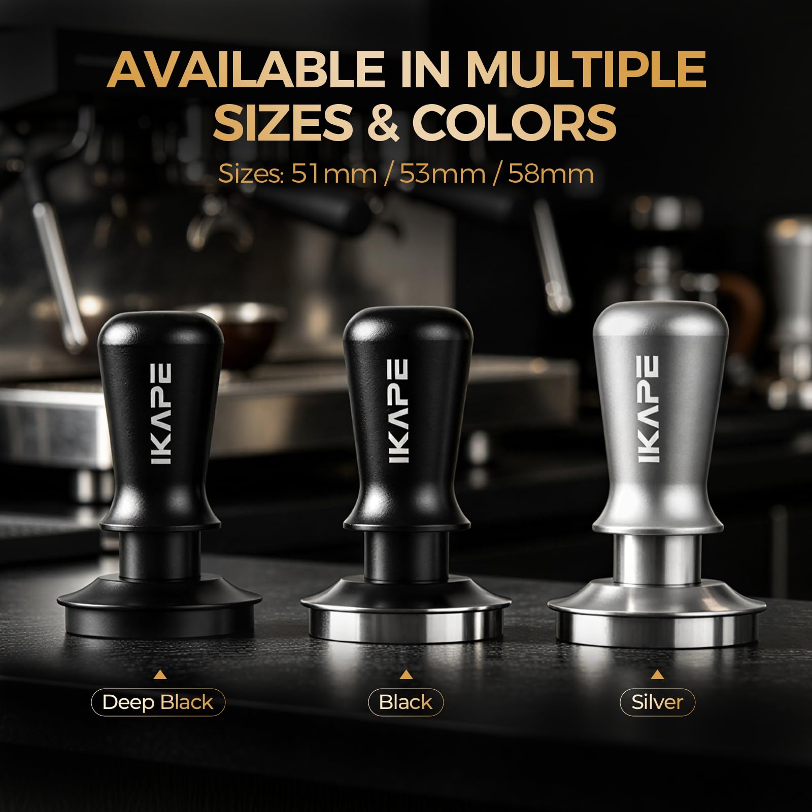 IKAPE tamper on countertop beside espresso machine highlighting professional home workflow benefit