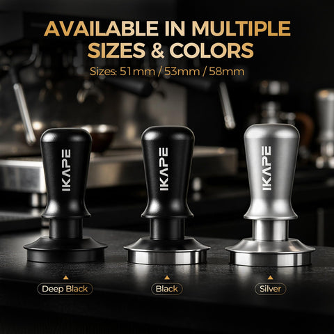 IKAPE tamper on countertop beside espresso machine highlighting professional home workflow benefit