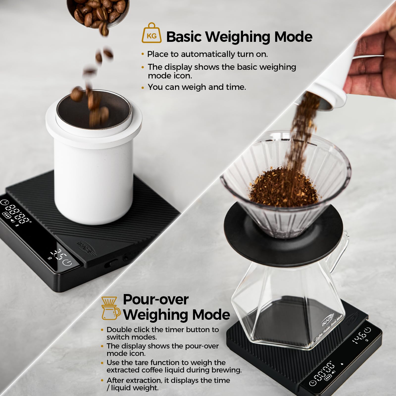 IKAPE scale beneath an espresso cup capturing weight and extraction time