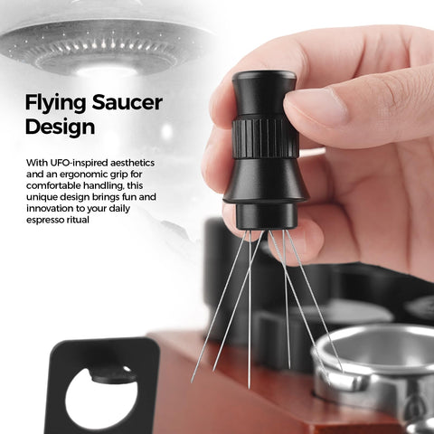 IKAPE tool in use stirring a portafilter puck, improves even coffee distribution