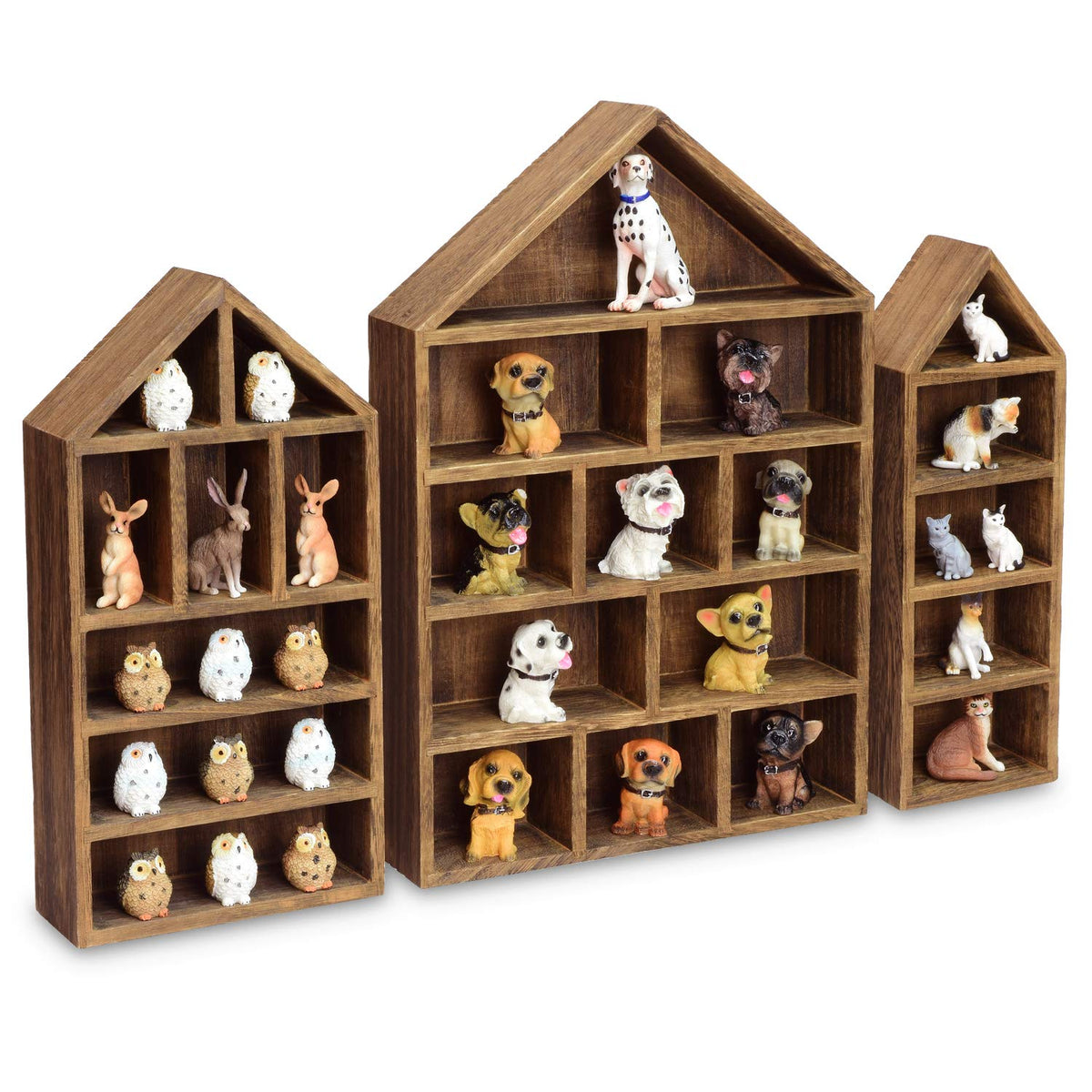 Ikee Design front view of three house-shaped shelves showing display benefit