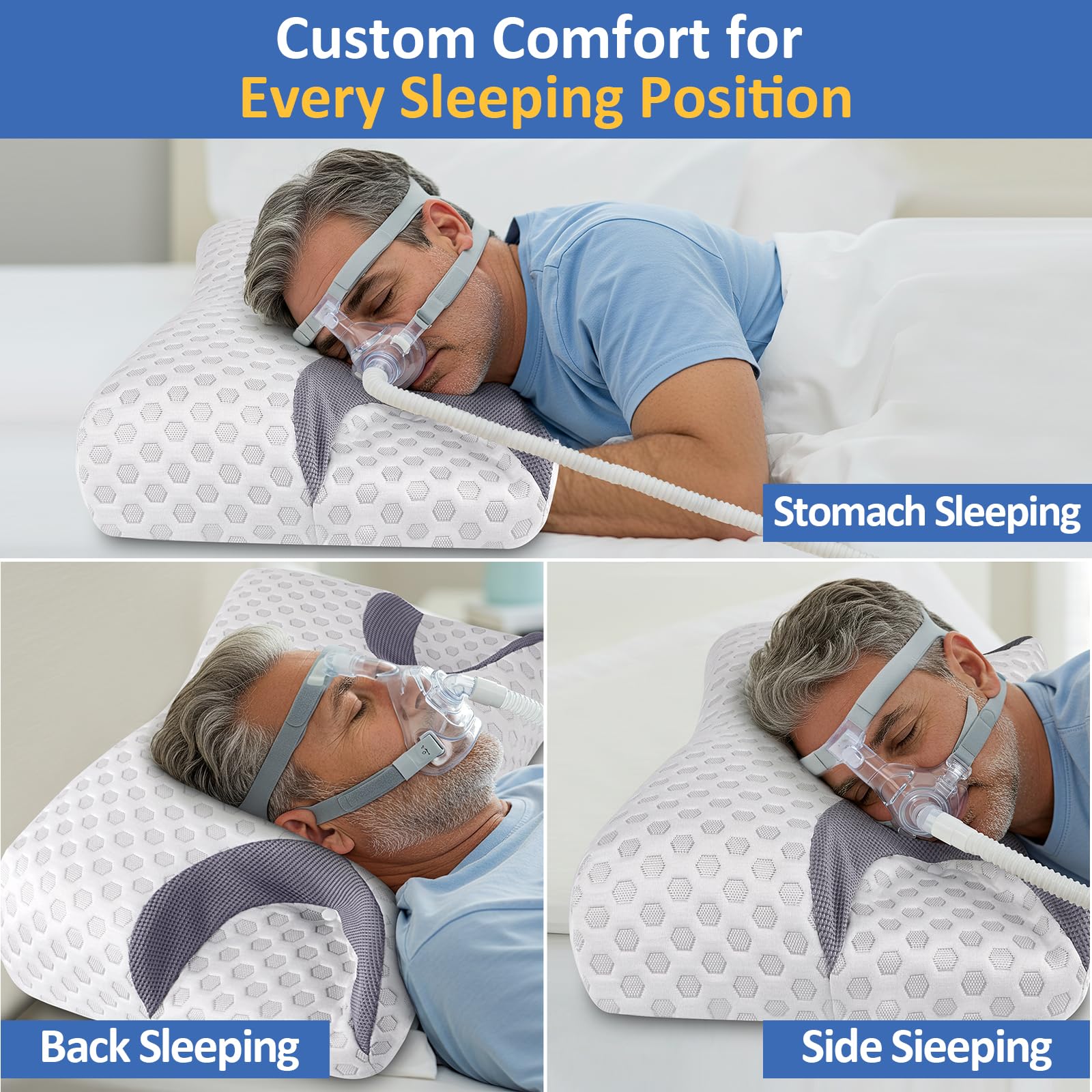 IKSTAR pillow supporting a CPAP mask in use to reduce mask pressure