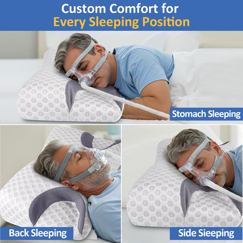 IKSTAR pillow supporting a CPAP mask in use to reduce mask pressure